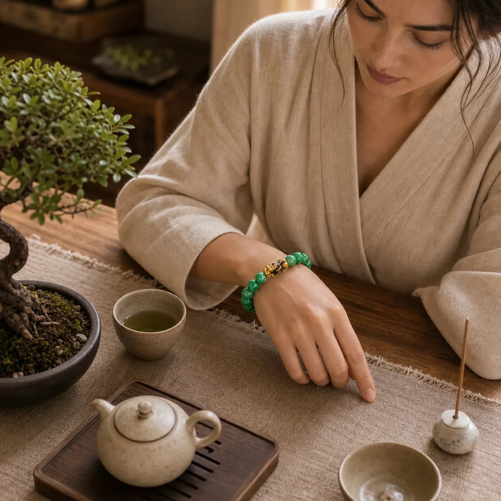 FengShui PiXiu Jade Protection Bracelet featuring Pixiu, Jade, Cyan Jade