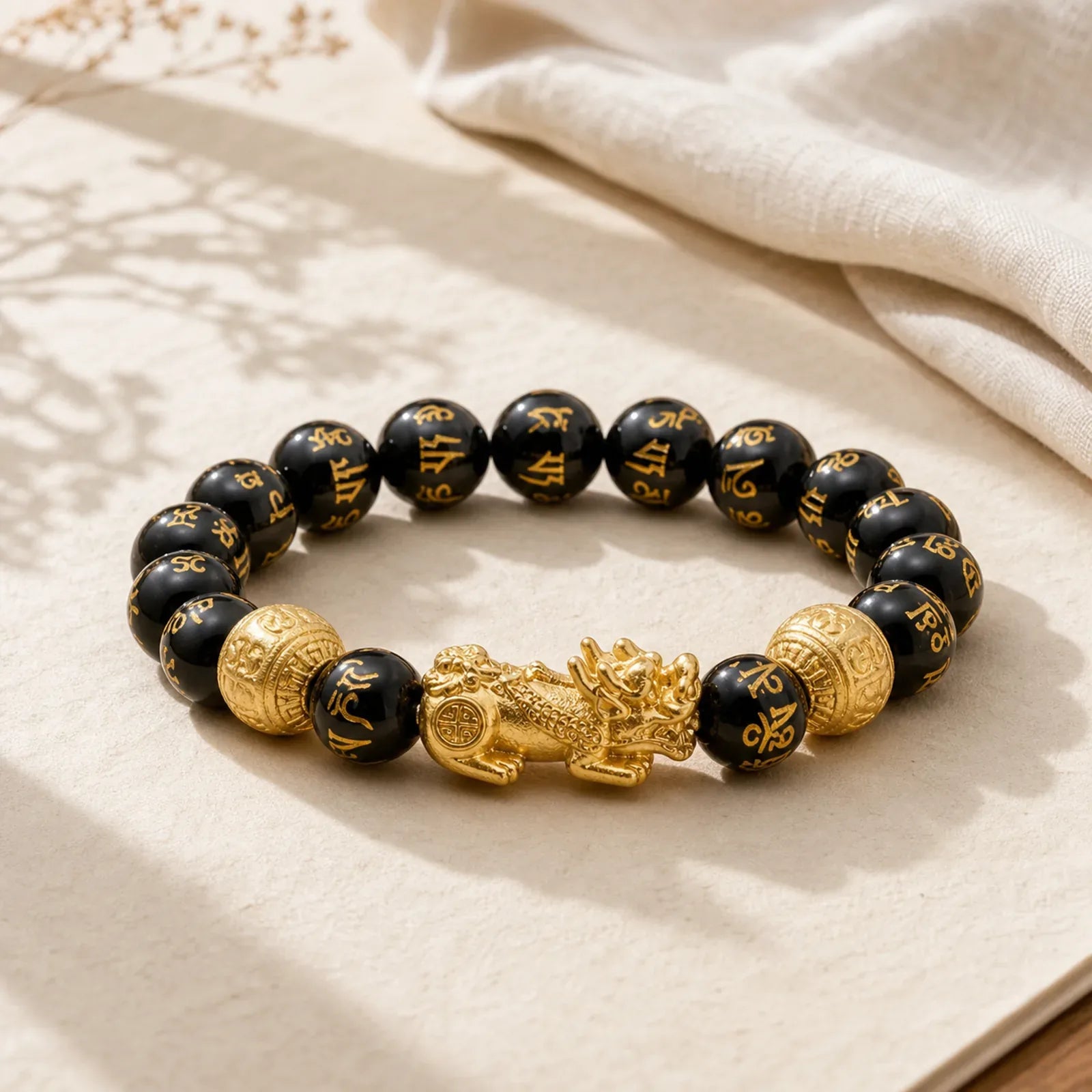 FengShui PiXiu Obsidian Wealth Bracelet featuring Pixiu, Obsidian, Om