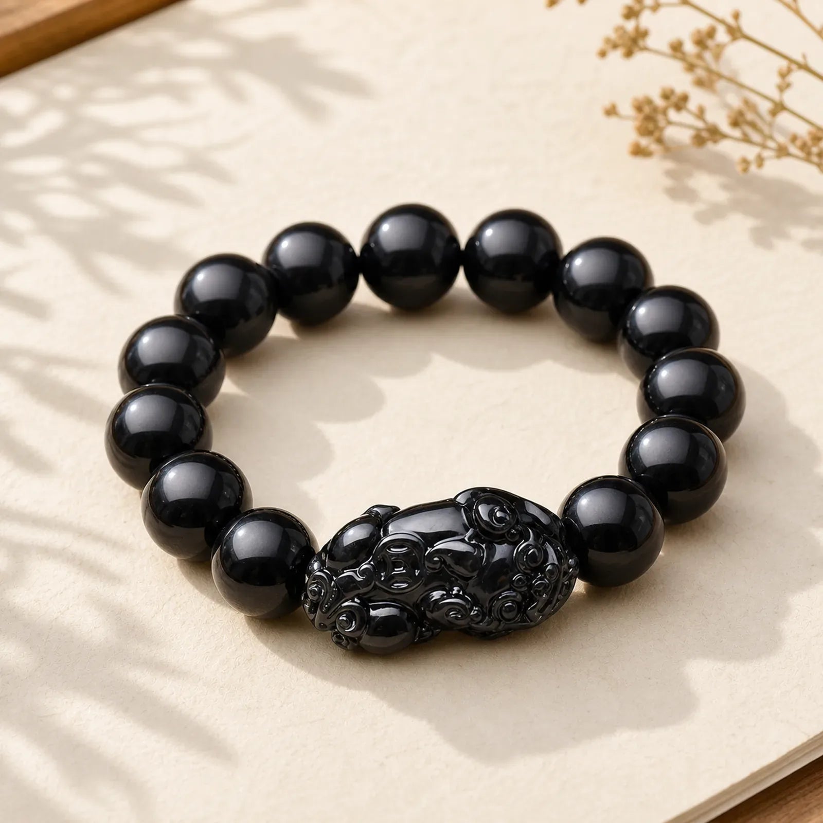 FengShui PiXiu Obsidian Wealth Bracelet featuring Pixiu, Obsidian