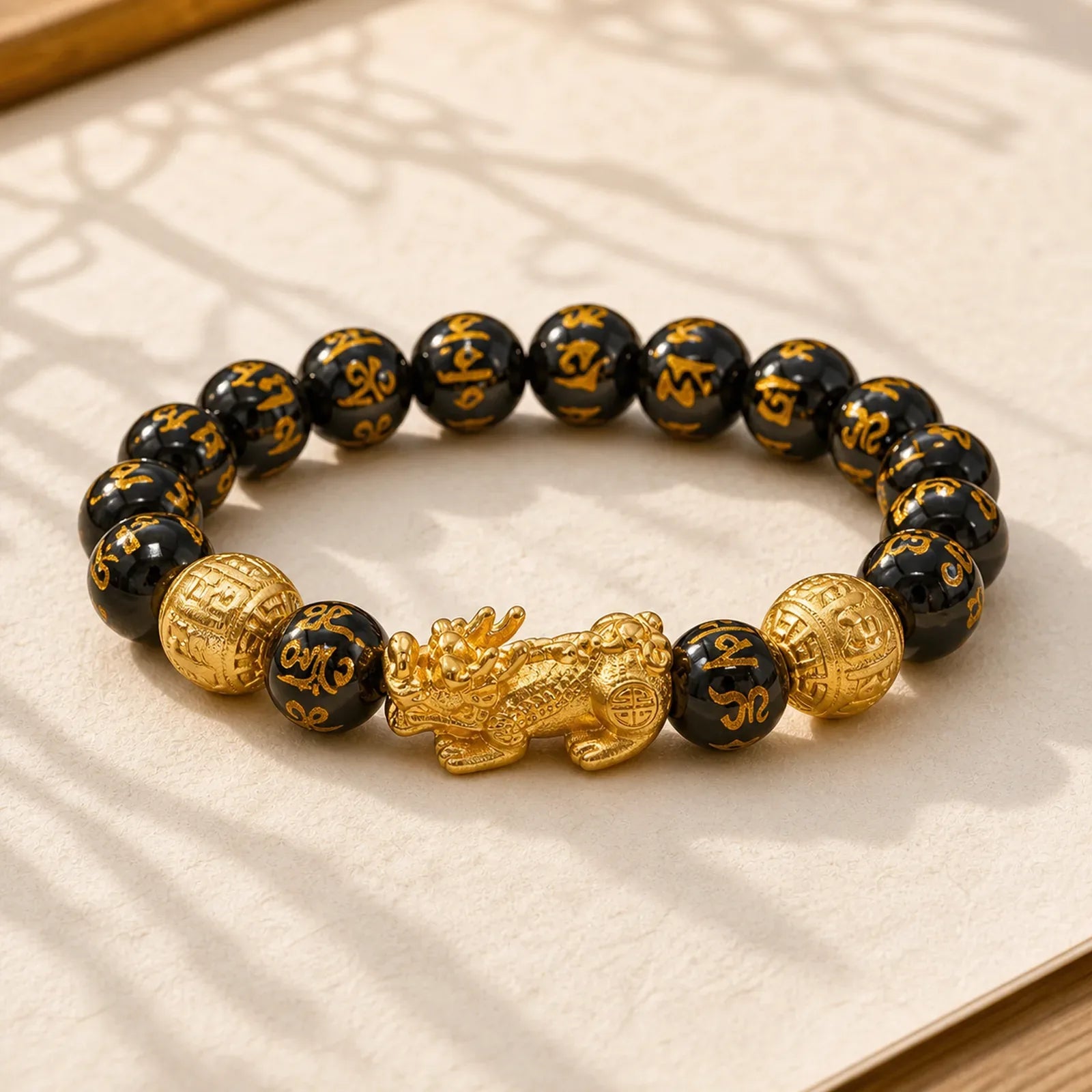 FengShui PiXiu Obsidian Wealth Bracelet featuring Pixiu, Obsidian, Om