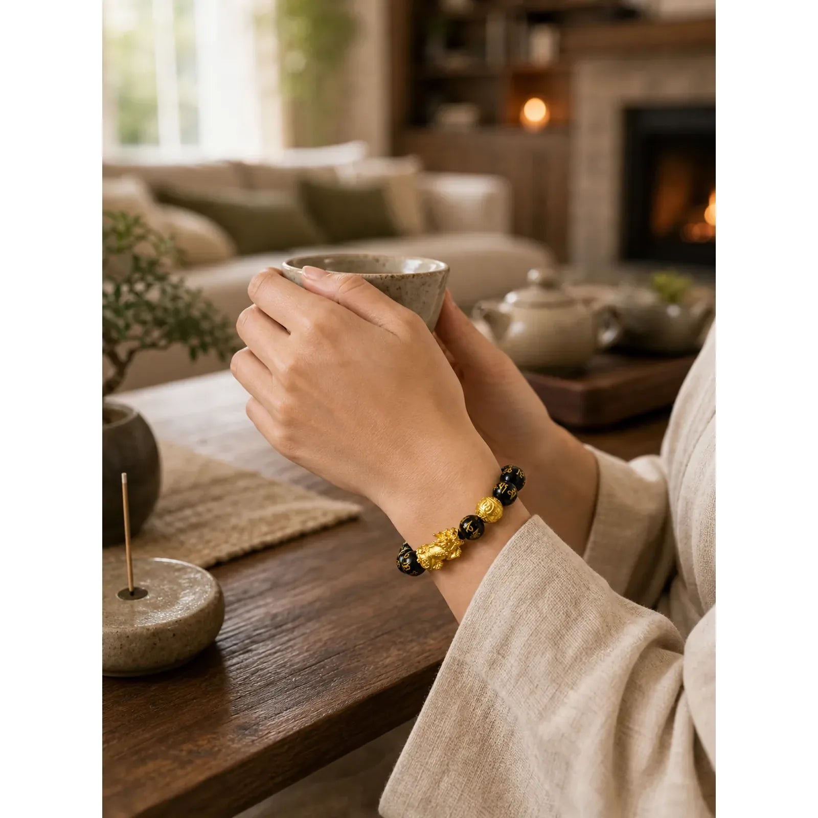 FengShui PiXiu Obsidian Wealth Bracelet featuring Pixiu, Obsidian, Om