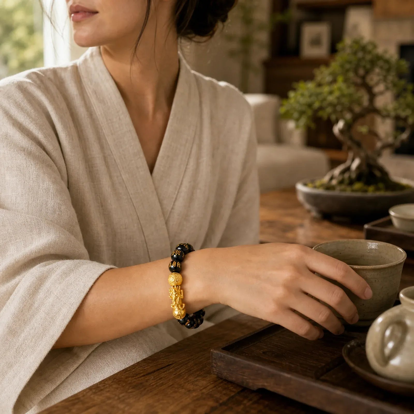 FengShui PiXiu Obsidian Wealth Bracelet featuring Pixiu, Obsidian, Om