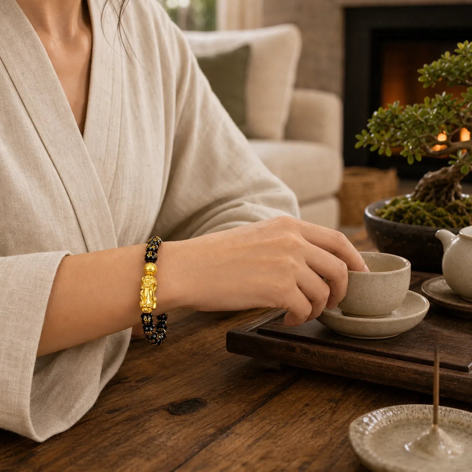 FengShui PiXiu Obsidian Wealth Bracelet featuring Pixiu, Obsidian, Om
