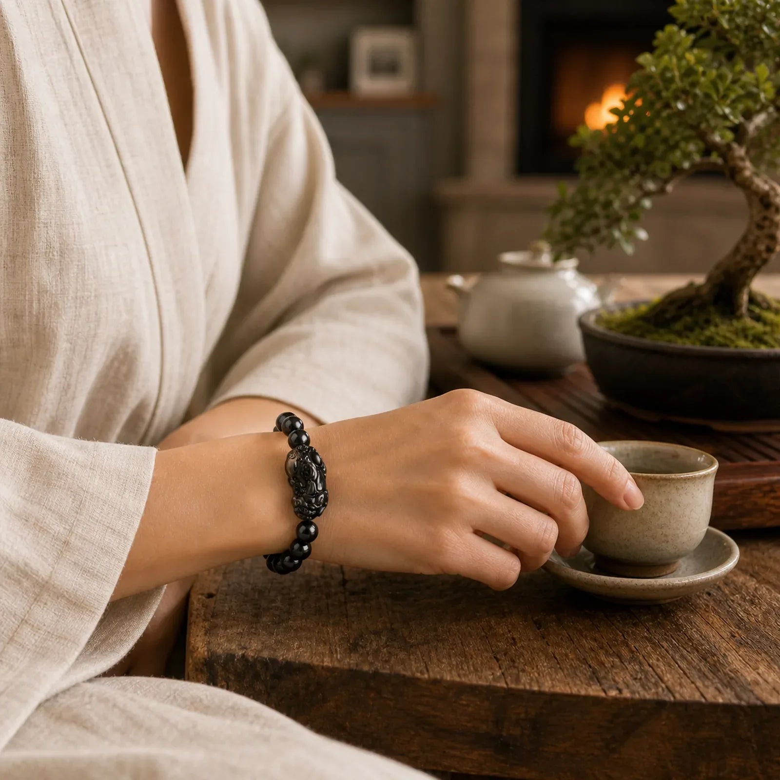 FengShui PiXiu Obsidian Wealth Bracelet featuring Pixiu, Obsidian