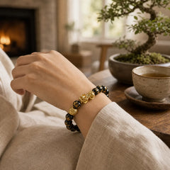 FengShui PiXiu Obsidian Wealth Bracelet featuring Pixiu, Obsidian, Om