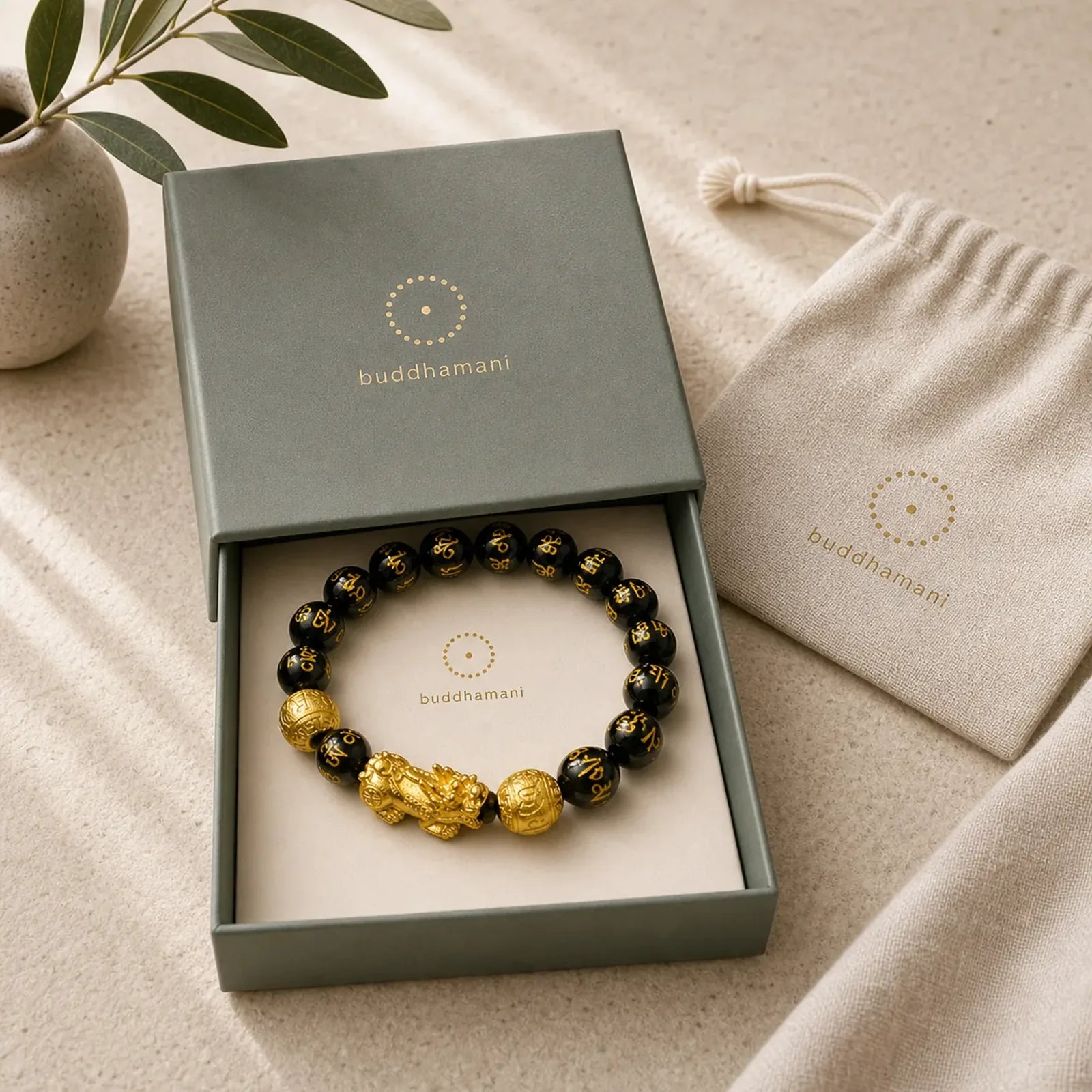 FengShui PiXiu Obsidian Wealth Bracelet featuring Pixiu, Obsidian, Om