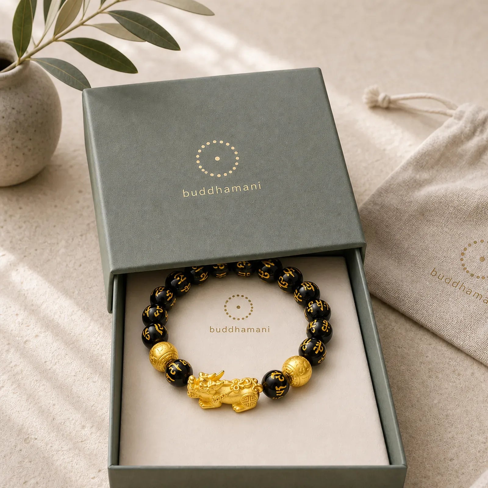 FengShui PiXiu Obsidian Wealth Bracelet featuring Pixiu, Obsidian, Om