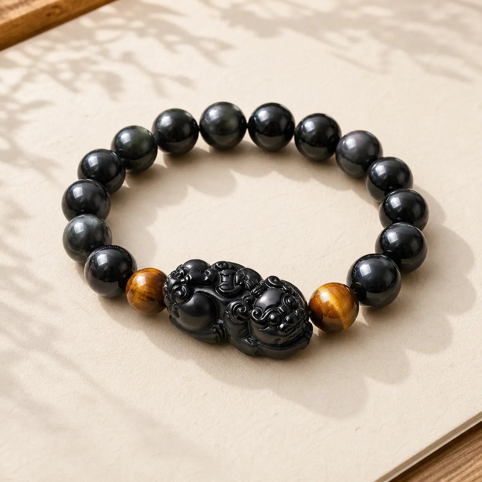 FengShui PiXiu Rainbow Obsidian Tiger Eye Wealth Bracelet featuring Pixiu, Rainbow Obsidian, Tiger Eye