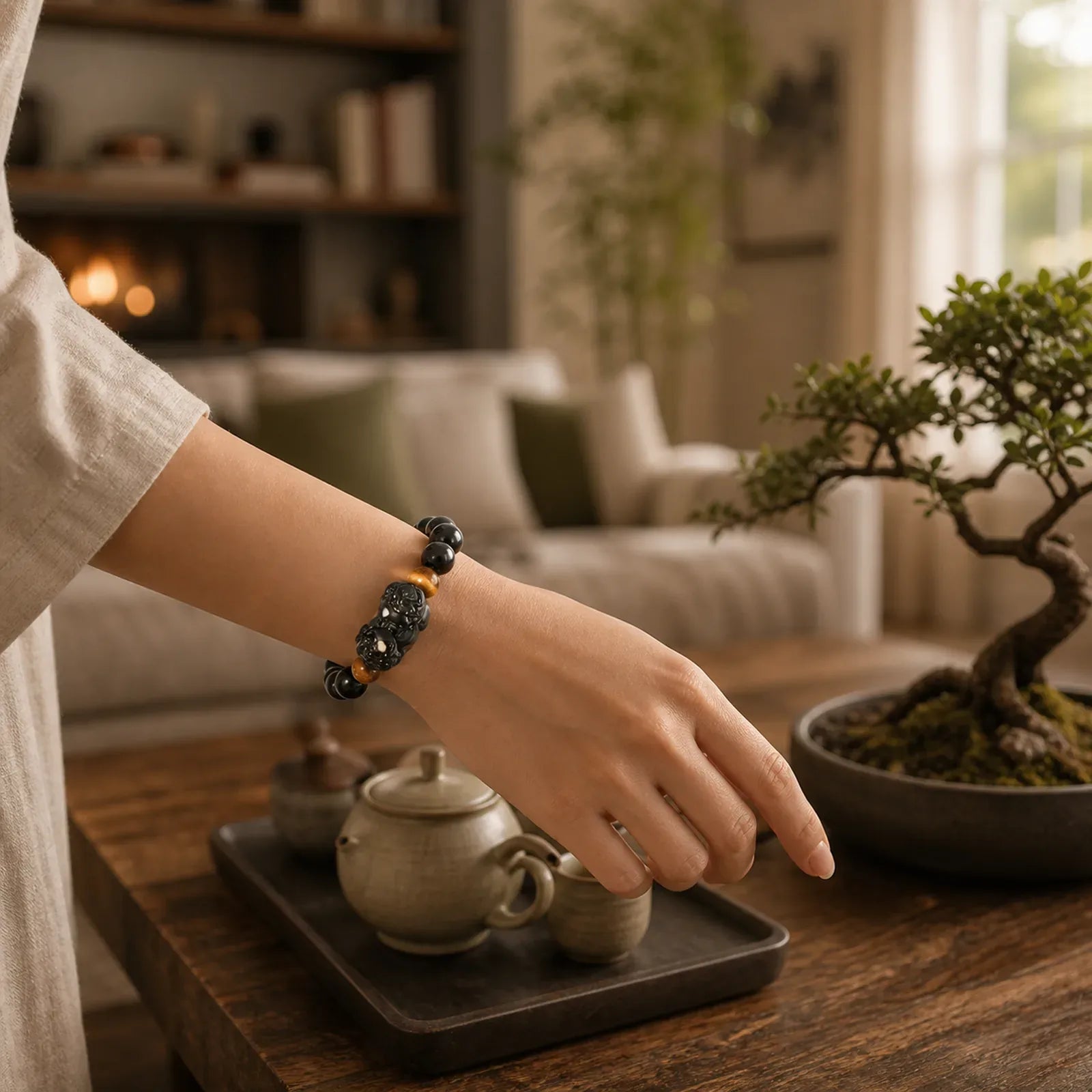 FengShui PiXiu Rainbow Obsidian Tiger Eye Wealth Bracelet featuring Pixiu, Rainbow Obsidian, Tiger Eye