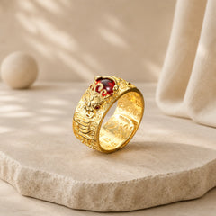 FengShui PiXiu Red Garnet Heart Sutra Wealth Ring featuring Pixiu, Garnet, Silver