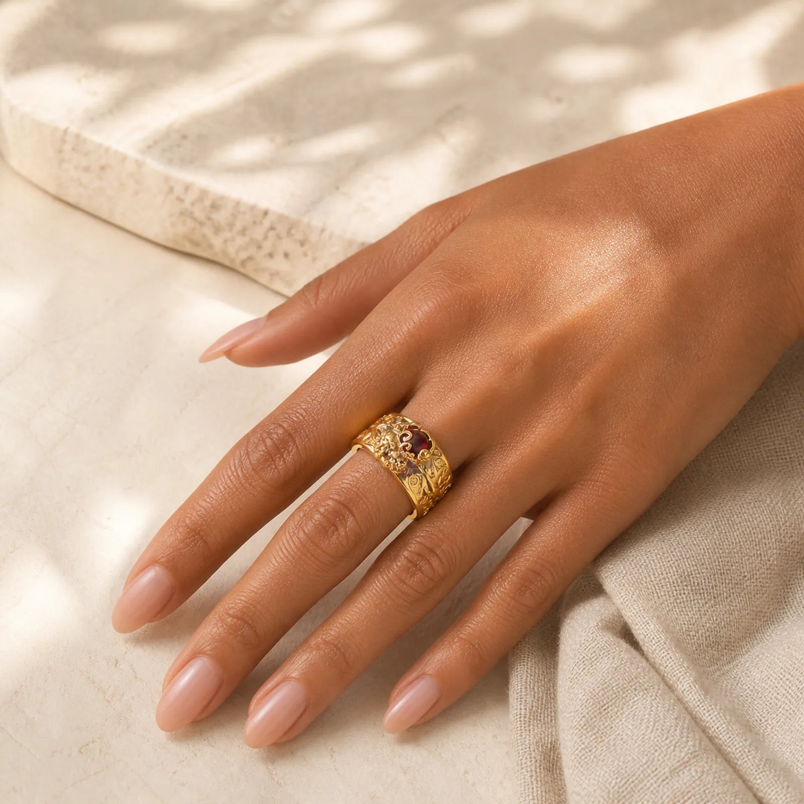 FengShui PiXiu Red Garnet Heart Sutra Wealth Ring featuring Pixiu, Garnet, Silver