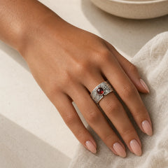 FengShui PiXiu Red Garnet Wealth Ring featuring Pixiu, Garnet, Silver