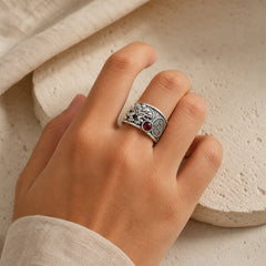 FengShui PiXiu Red Garnet Wealth Ring featuring Pixiu, Garnet, Silver