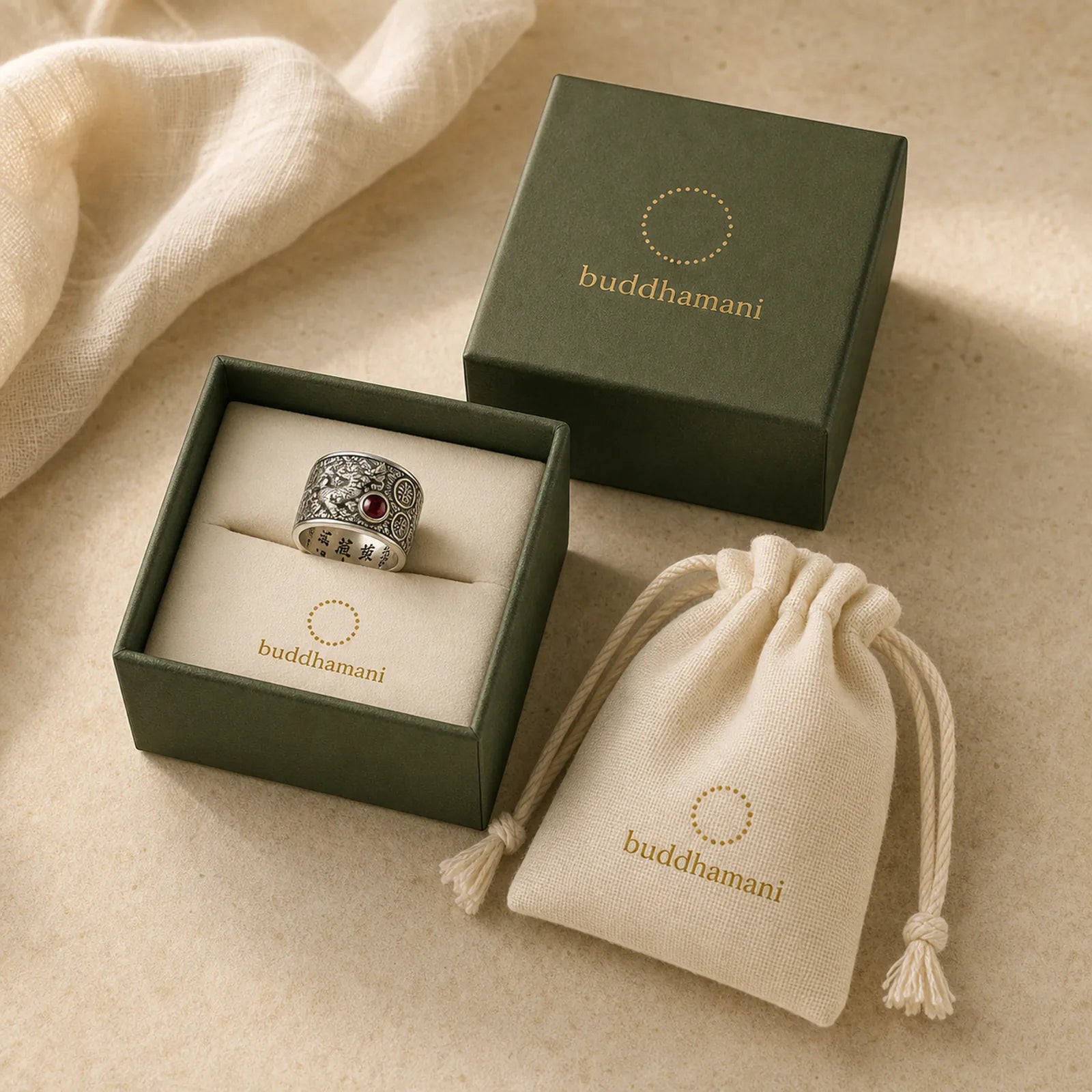 FengShui PiXiu Red Garnet Wealth Ring featuring Pixiu, Garnet, Silver