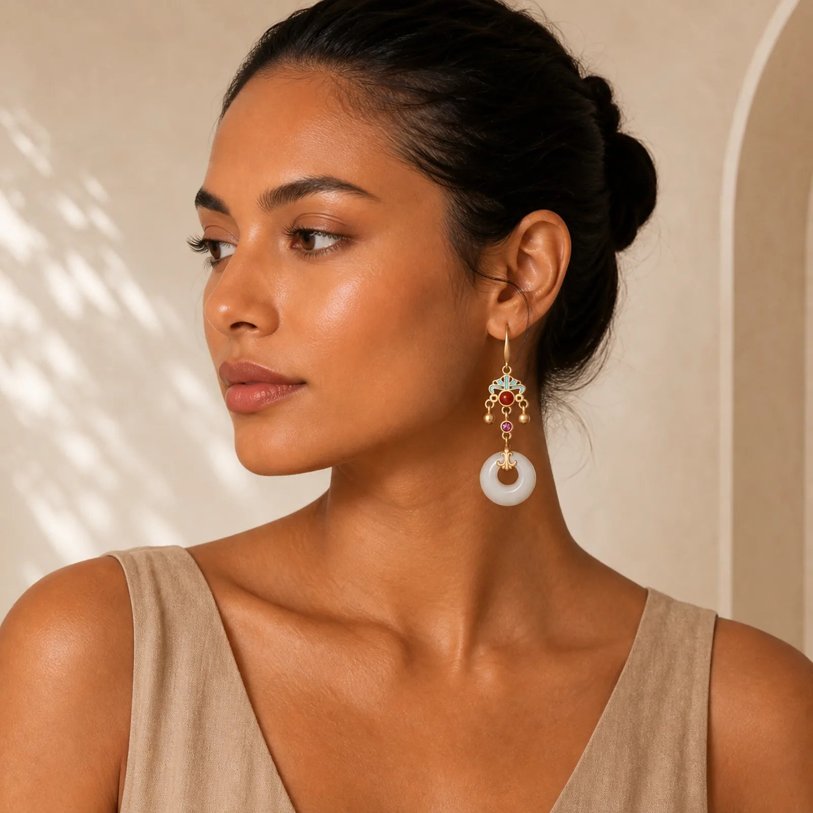 FengShui White Jade Blessing Drop Earrings featuring White Jade, Jade, Copper