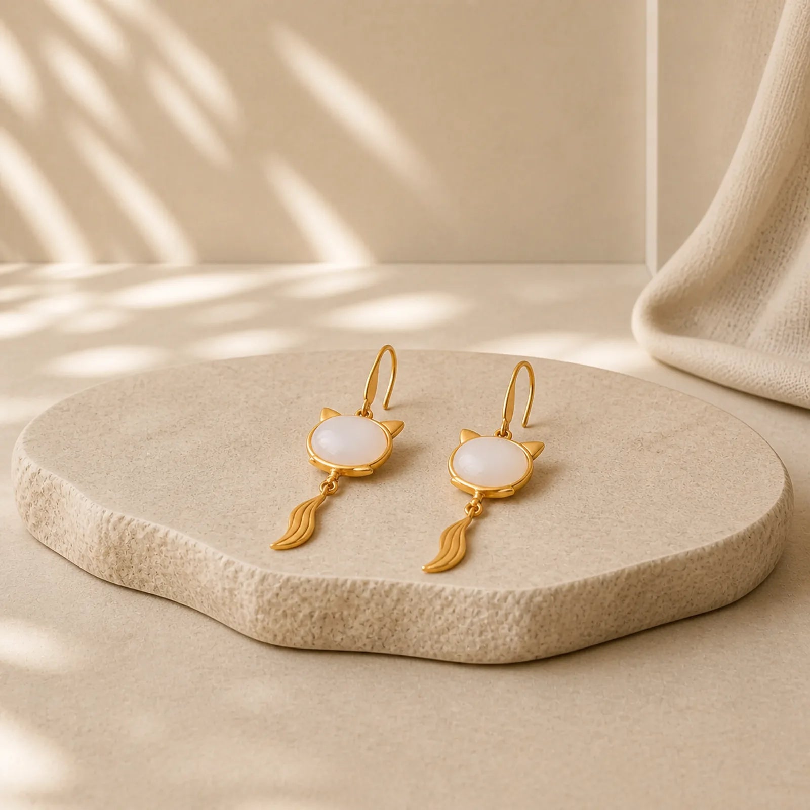 FengShui White Jade Fox Fortune Earrings featuring White Jade, Jade, Copper