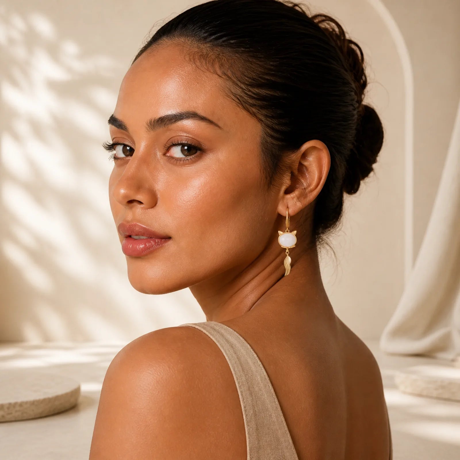 FengShui White Jade Fox Fortune Earrings featuring White Jade, Jade, Copper