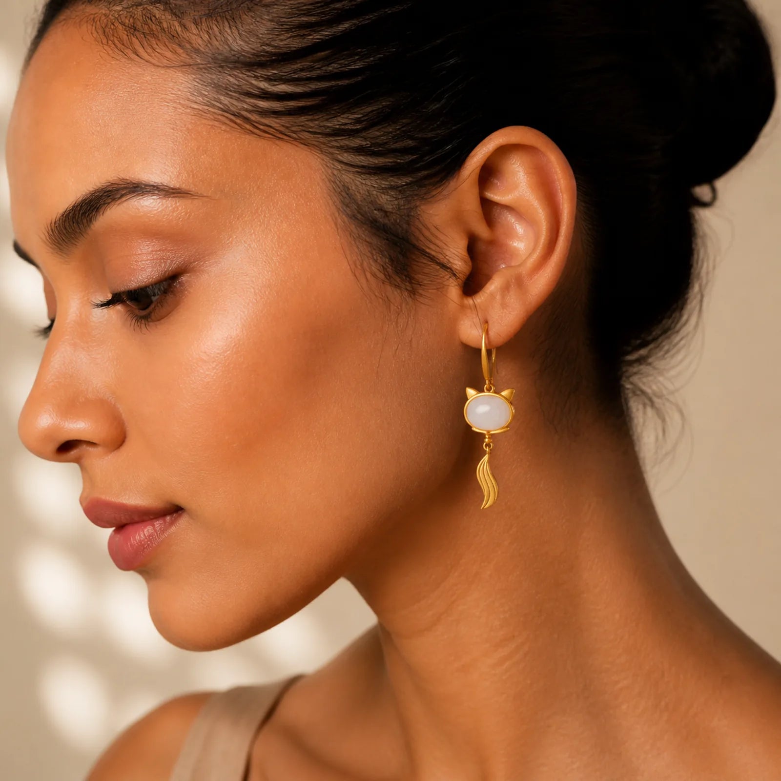 FengShui White Jade Fox Fortune Earrings featuring White Jade, Jade, Copper
