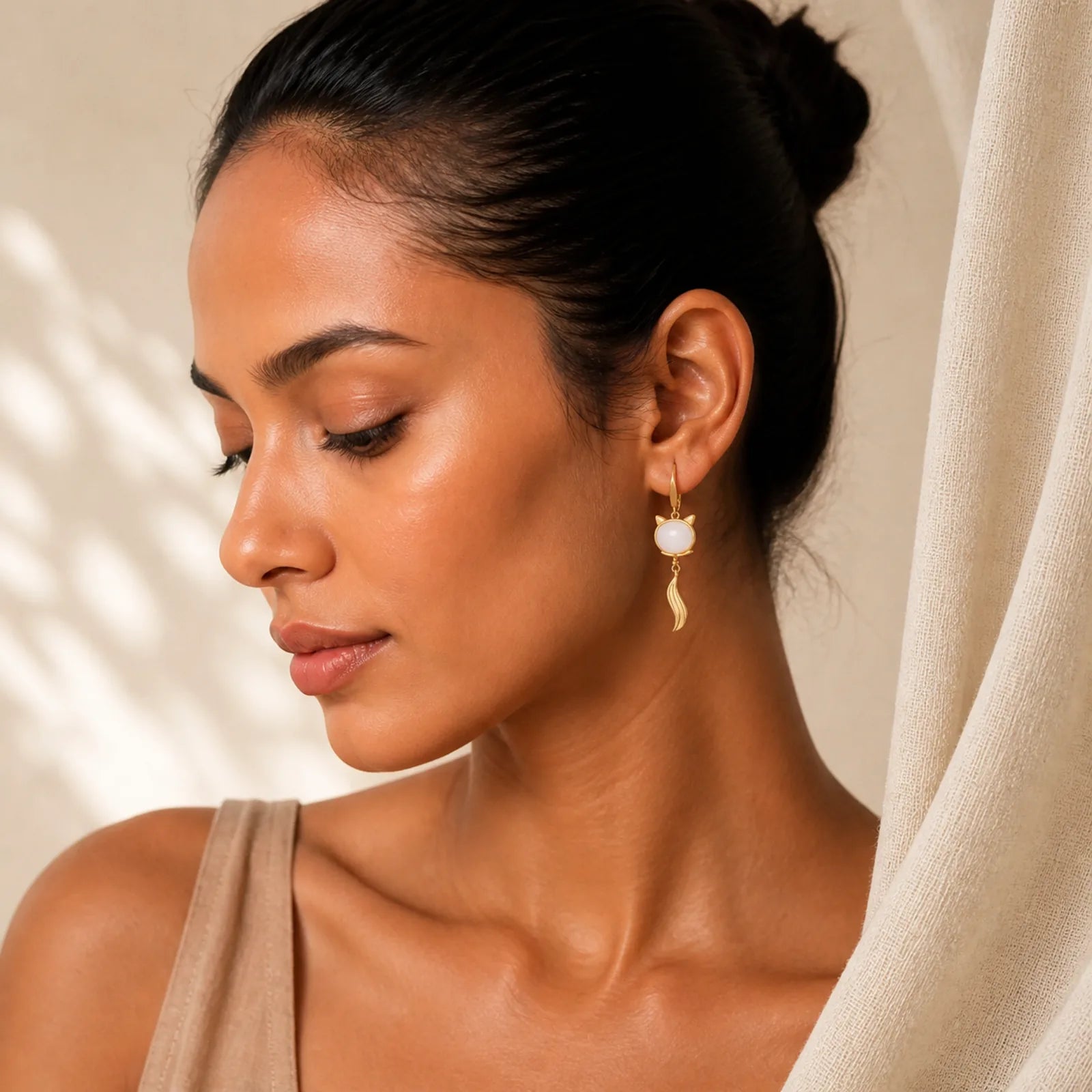 FengShui White Jade Fox Fortune Earrings featuring White Jade, Jade, Copper