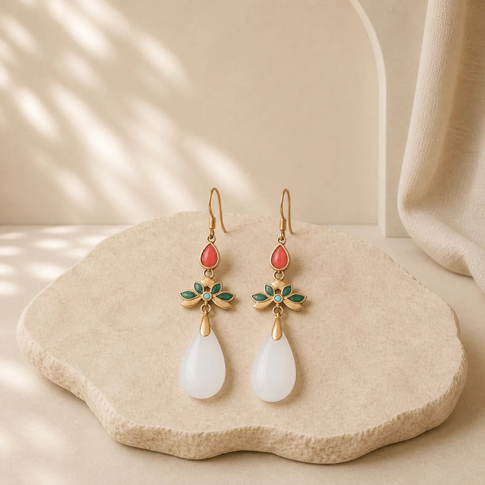 FengShui White Jade Luck Drop Earrings featuring White Jade, Jade, Copper