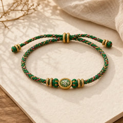 Five Color Hand Woven Green String Green Ingots And Plum Blossom Amulets Protection Adjustable Bracelet featuring Copper, Red String