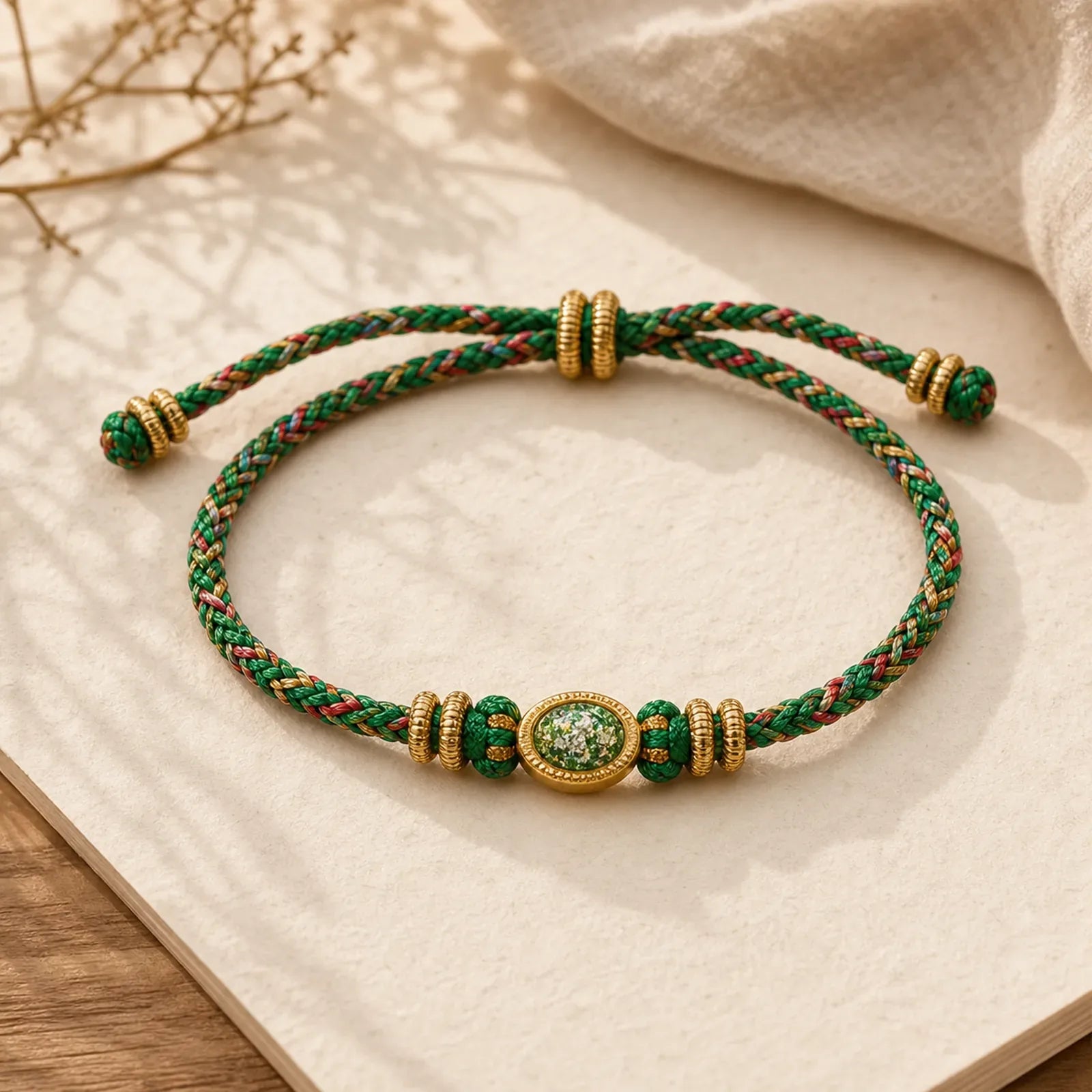 Five Color Hand Woven Green String Green Ingots And Plum Blossom Amulets Protection Adjustable Bracelet featuring Copper, Red String