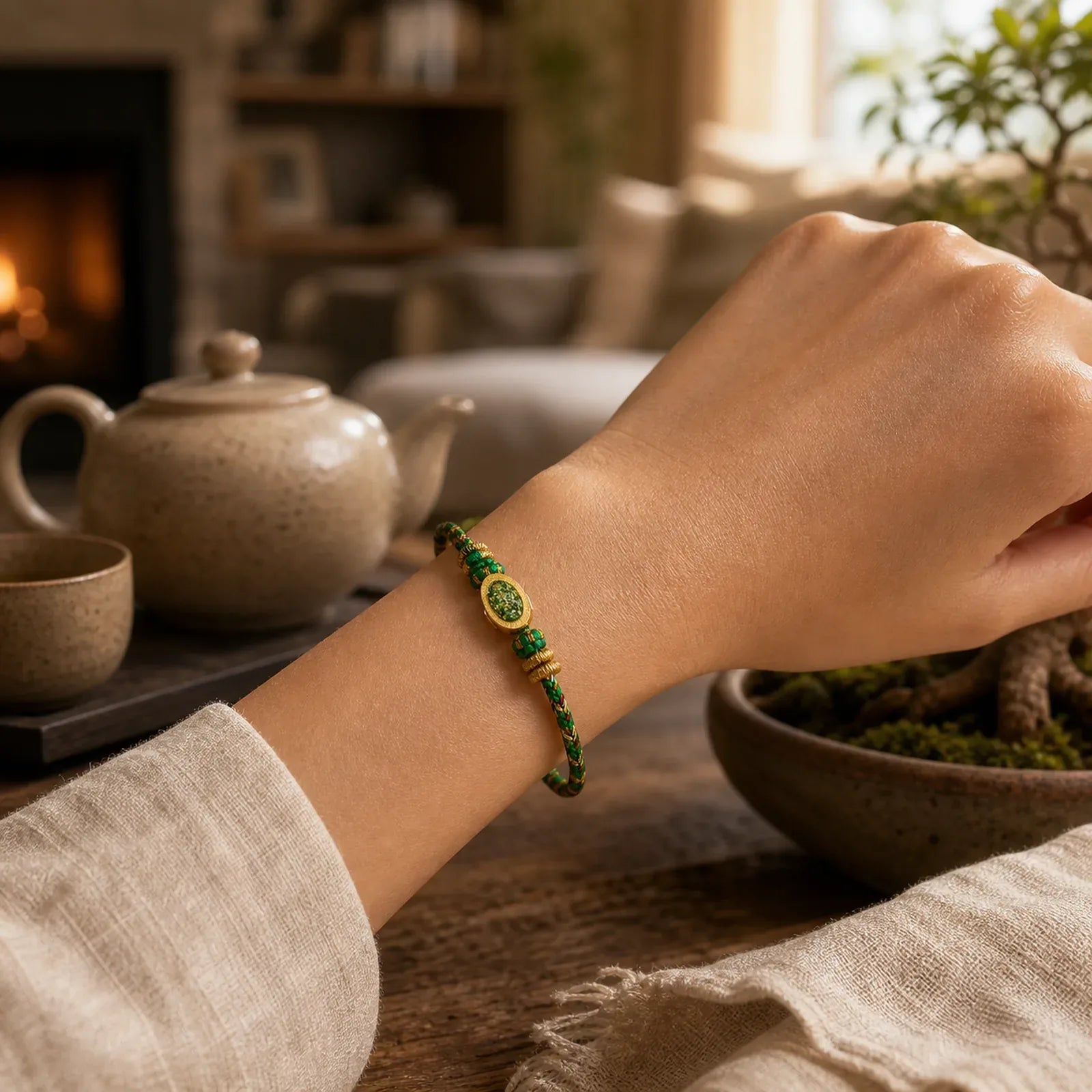 Five Color Hand Woven Green String Green Ingots And Plum Blossom Amulets Protection Adjustable Bracelet featuring Copper, Red String