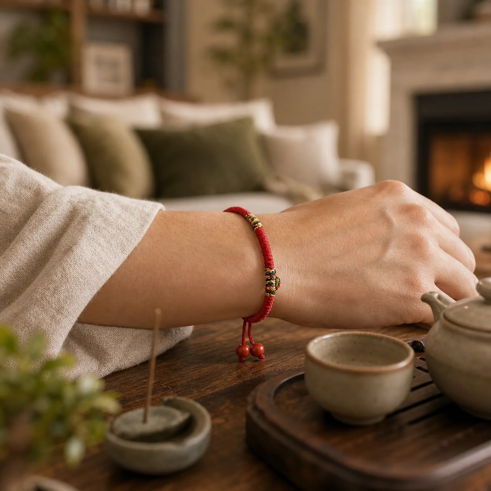 Five Colors King Kong Knot String Protection Luck Bracelet featuring Red String, Cinnabar