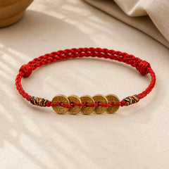 Five Copper Coins Design Braided String Protection Bracelet Anklet featuring Copper, Red String