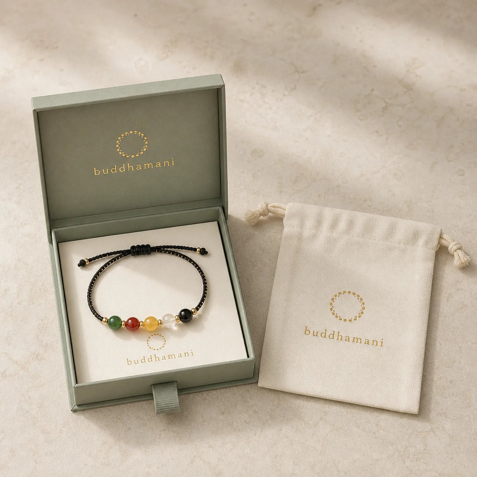 Five Directions Gods of Wealth Agate Handmade Protection String Braid Bracelet featuring Red String, Green Agate, Black Onyx