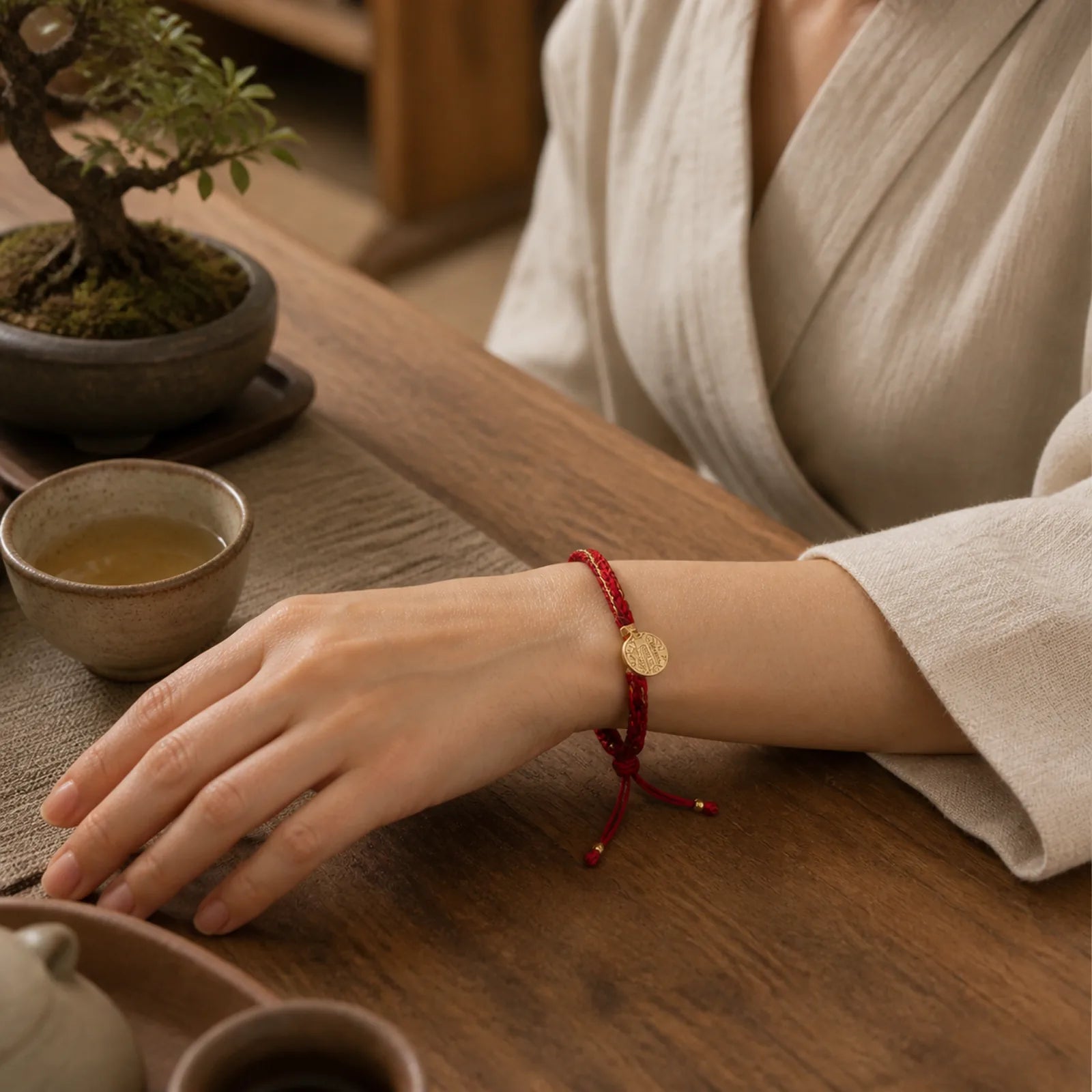 Five Directions Gods of Wealth Handmade Reincarnation Knot Protection String Braid Bracelet featuring Red String, Copper