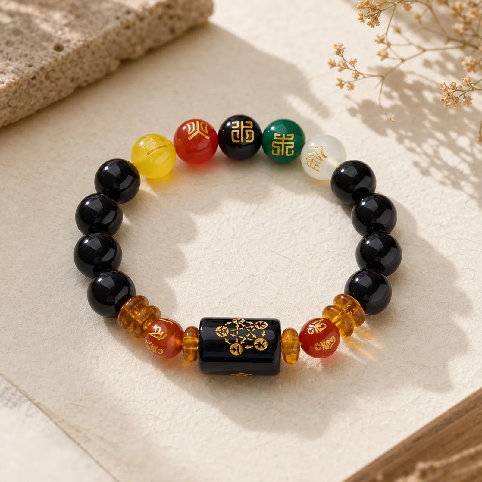 Five Elements Black Onyx Red Agate Wisdom Wealth Bracelet featuring Five Elements, Black Onyx, Red Agate