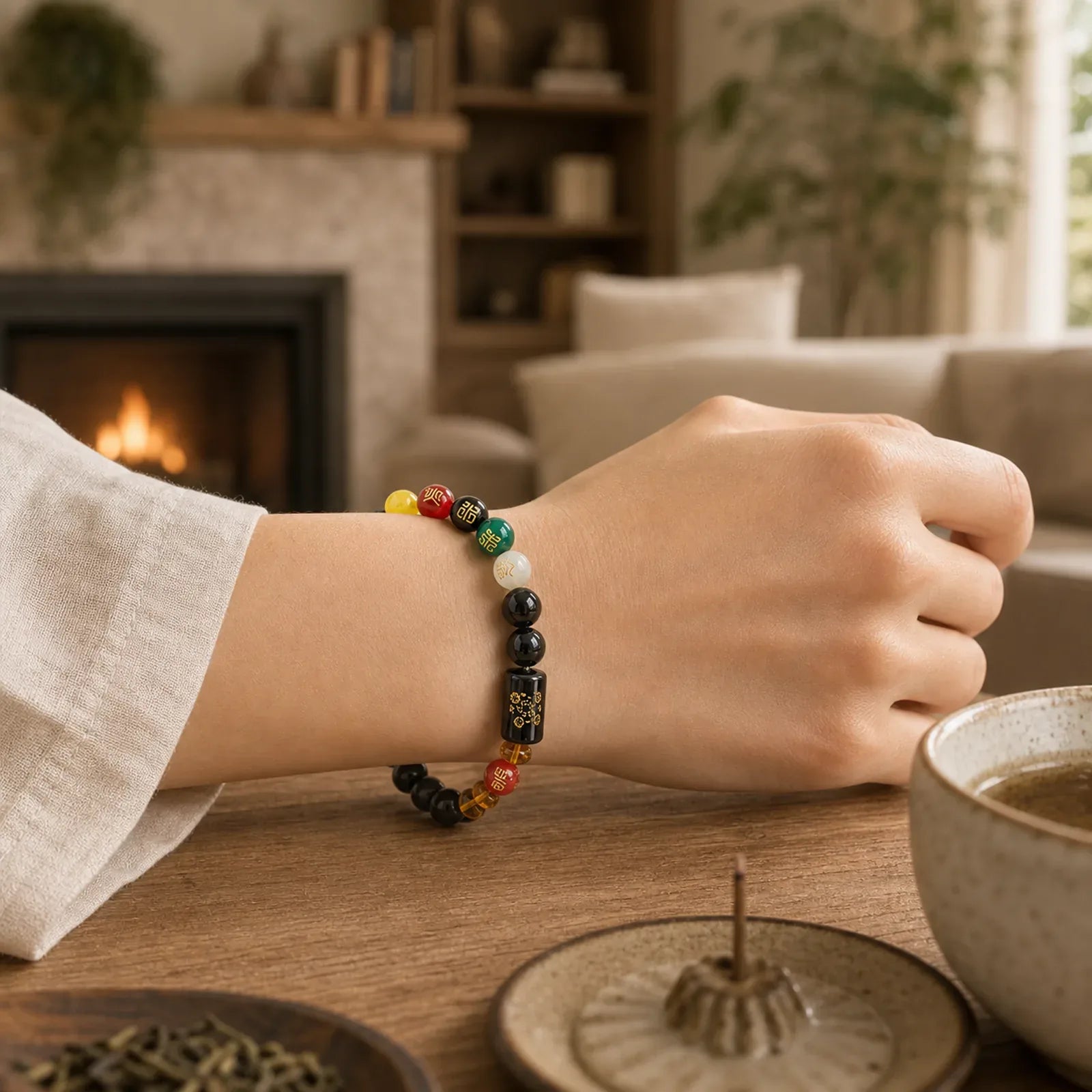 Five Elements Black Onyx Red Agate Wisdom Wealth Bracelet featuring Five Elements, Black Onyx, Red Agate