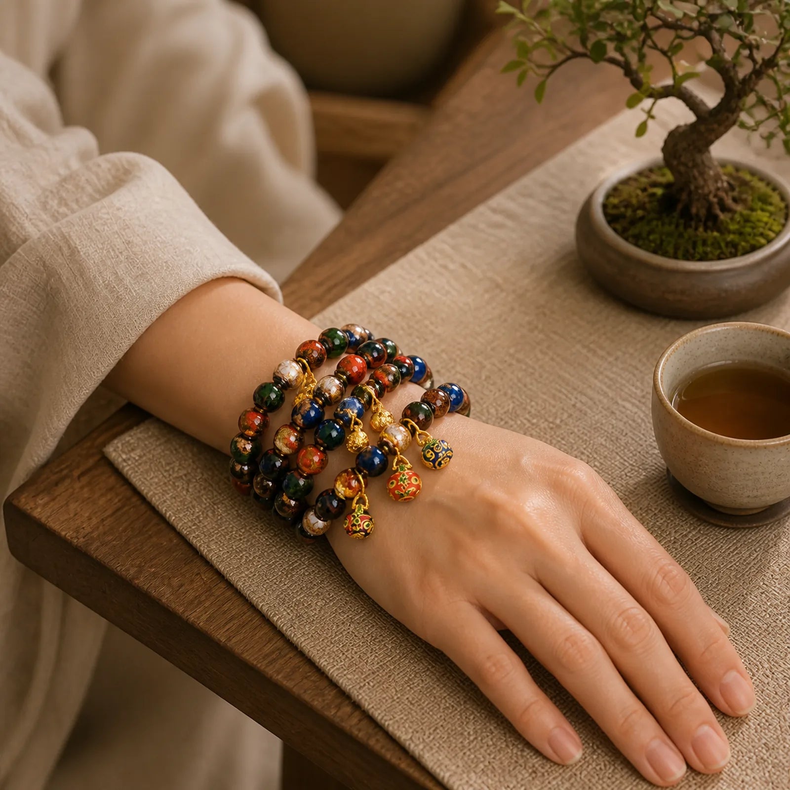 Five Elements Gold Swallowing Beast Family Charm Liuli Glass Bead Luck Bracelet featuring Five Elements, Copper