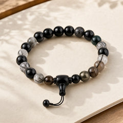 Five Elements Various Crystal Black Obsidian Wealth Wisdom Bracelet featuring Five Elements, Black Obsidian, Smoky Quartz