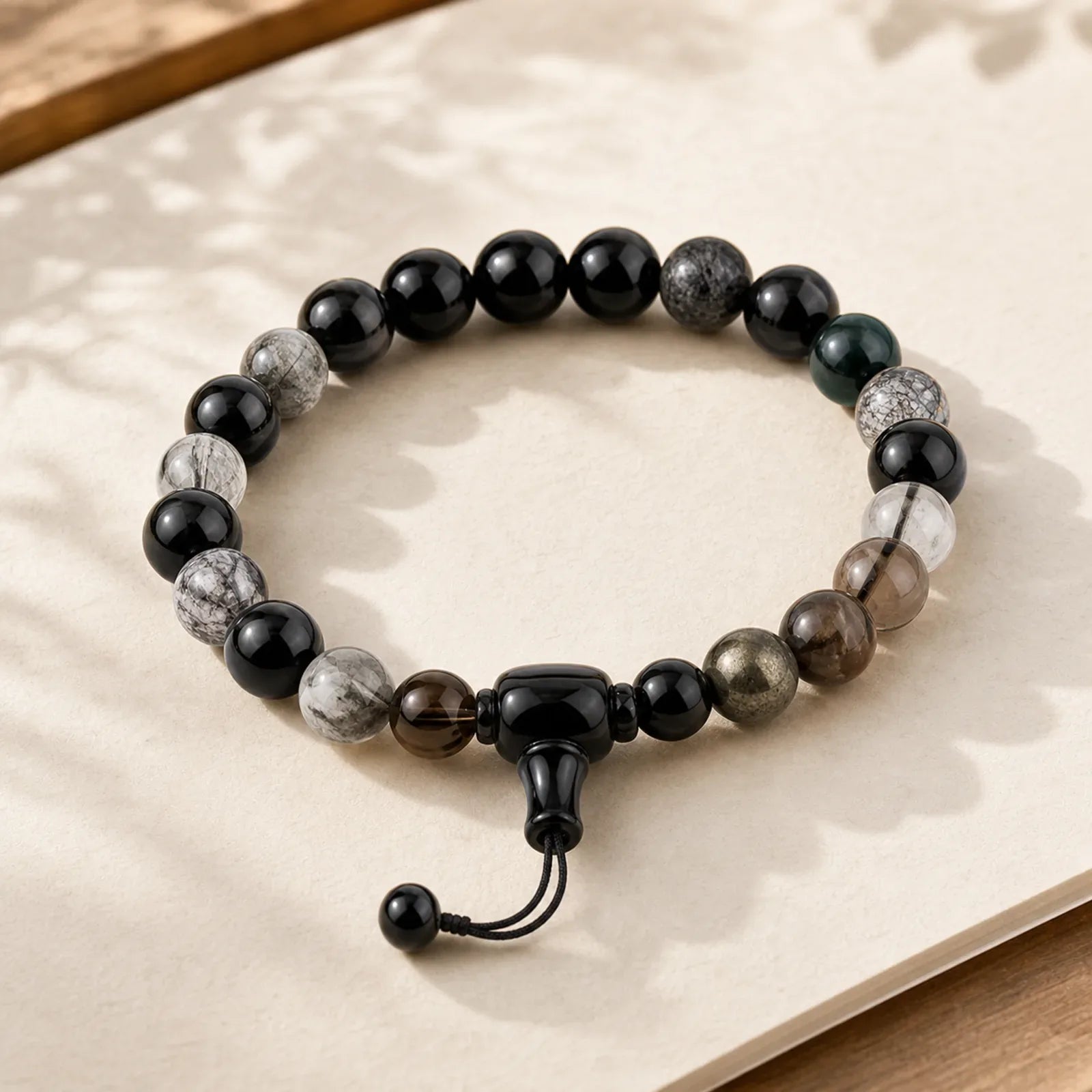 Five Elements Various Crystal Black Obsidian Wealth Wisdom Bracelet featuring Five Elements, Black Obsidian, Smoky Quartz