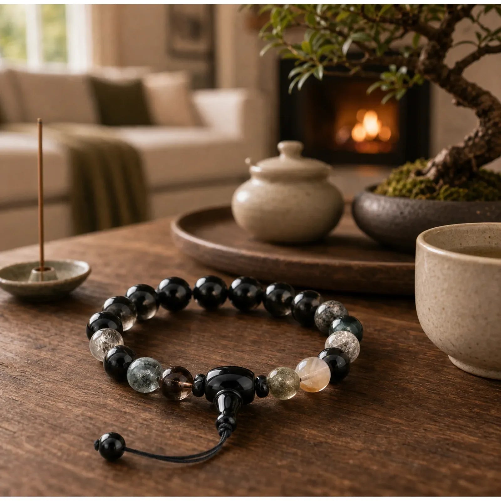 Five Elements Various Crystal Black Obsidian Wealth Wisdom Bracelet featuring Five Elements, Black Obsidian, Smoky Quartz