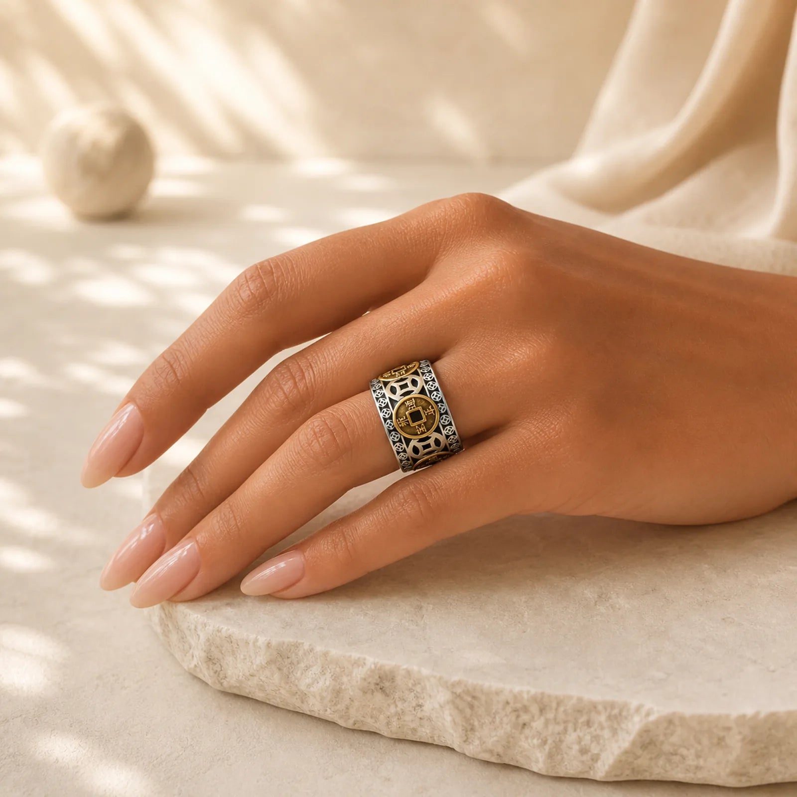 Five-Emperor Coins Balance Adjustable Ring featuring Five-Emperor Coins, Silver, Copper