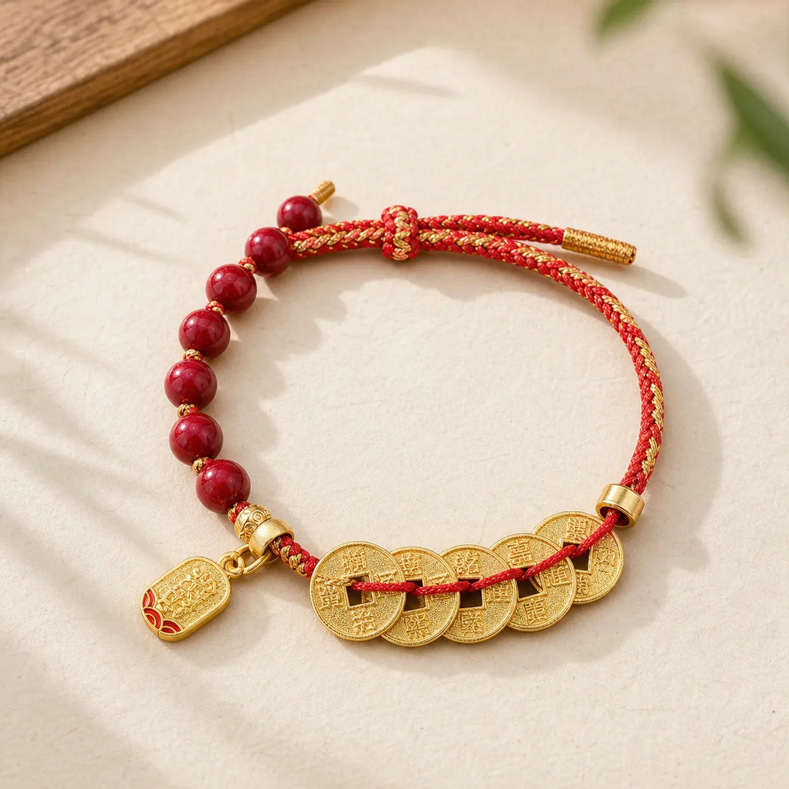 Five-Emperor Coins Copper Amethyst Cinnabar Black Red String Balance Attract Fortune Bracelet featuring Five-Emperor Coins, Copper, Amethyst