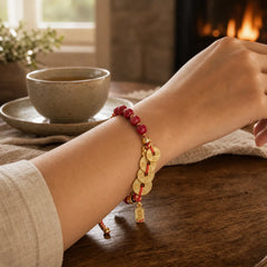 Five-Emperor Coins Copper Amethyst Cinnabar Black Red String Balance Attract Fortune Bracelet featuring Five-Emperor Coins, Copper, Amethyst