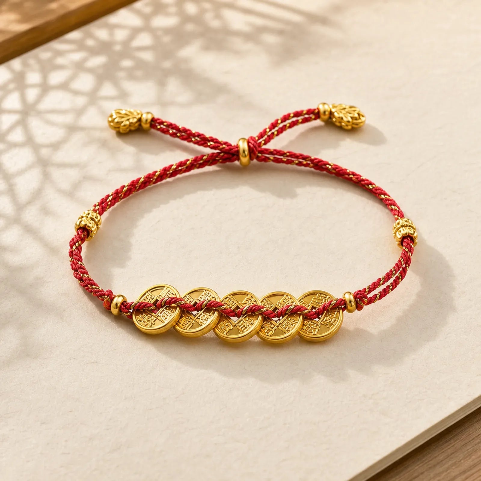 Five-Emperor Coins Copper Balance Hand-Woven String Bracelet featuring Five-Emperor Coins, Copper, Red String