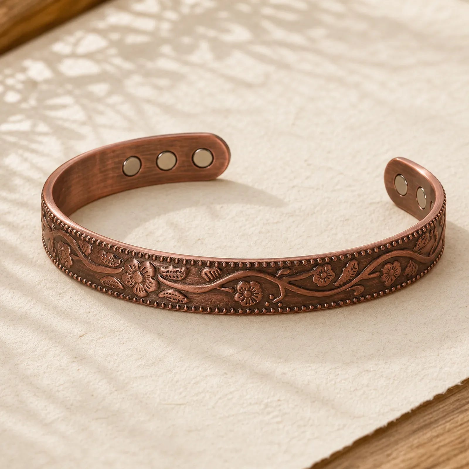 Floral Magnetic Copper Adjustable Cuff Bracelet Bangle featuring Copper