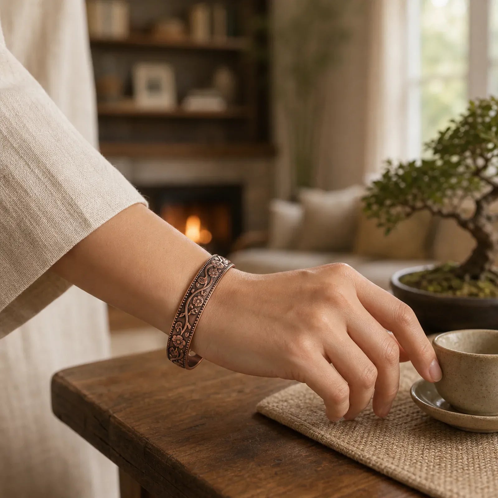 Floral Magnetic Copper Adjustable Cuff Bracelet Bangle featuring Copper