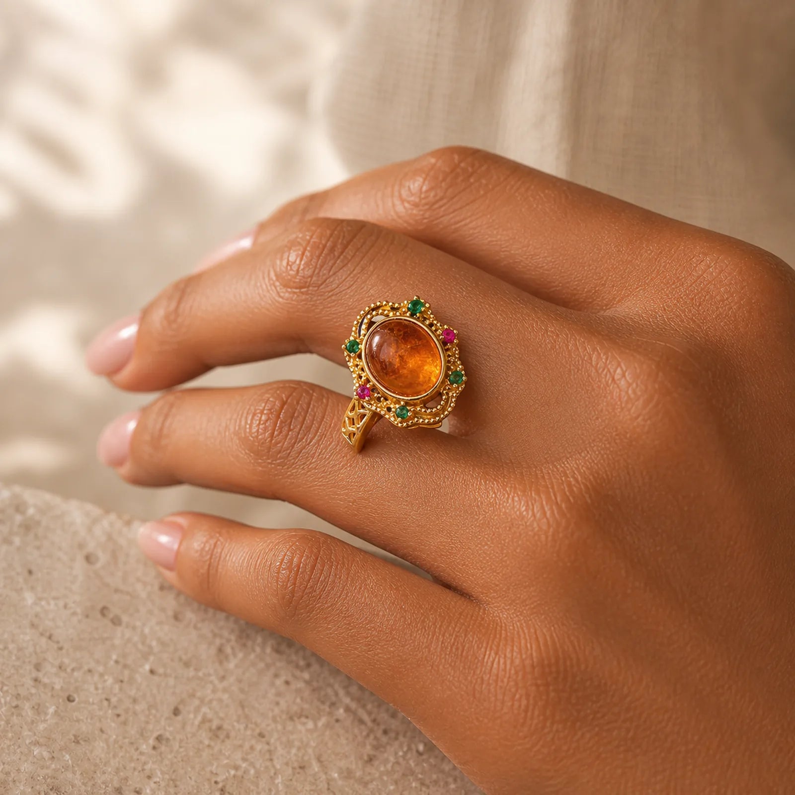 Flower Amber Hollow Lace Confidence Adjustable Ring featuring Amber, Copper