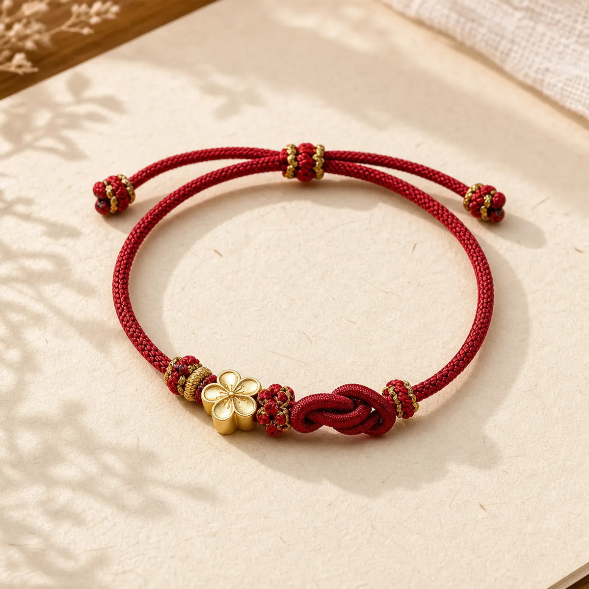 Flower Braided Rope Knot Adjustable Bracelet featuring Red String
