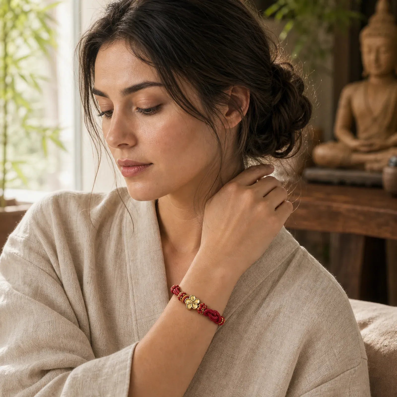 Flower Braided Rope Knot Adjustable Bracelet featuring Red String