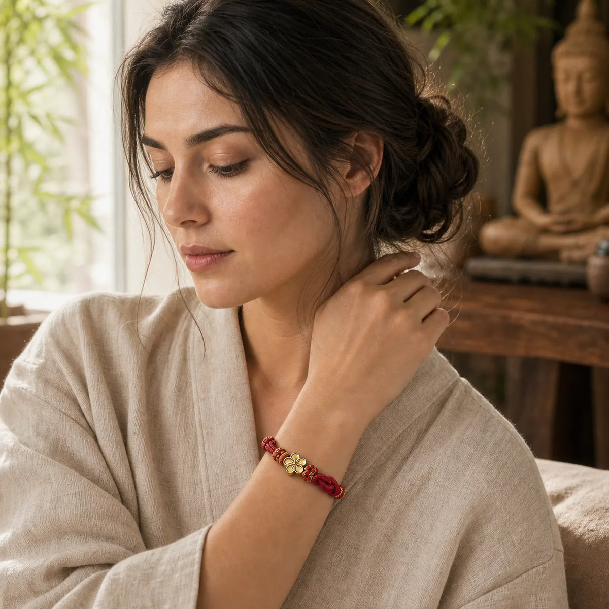 Flower Braided Rope Knot Adjustable Bracelet featuring Red String