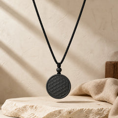 Flower of Life Carving Design Authentic Shungite Stone Protection Necklace Pendant featuring Flower of Life, Shungite Stone (Graphite Stone), Pyrite