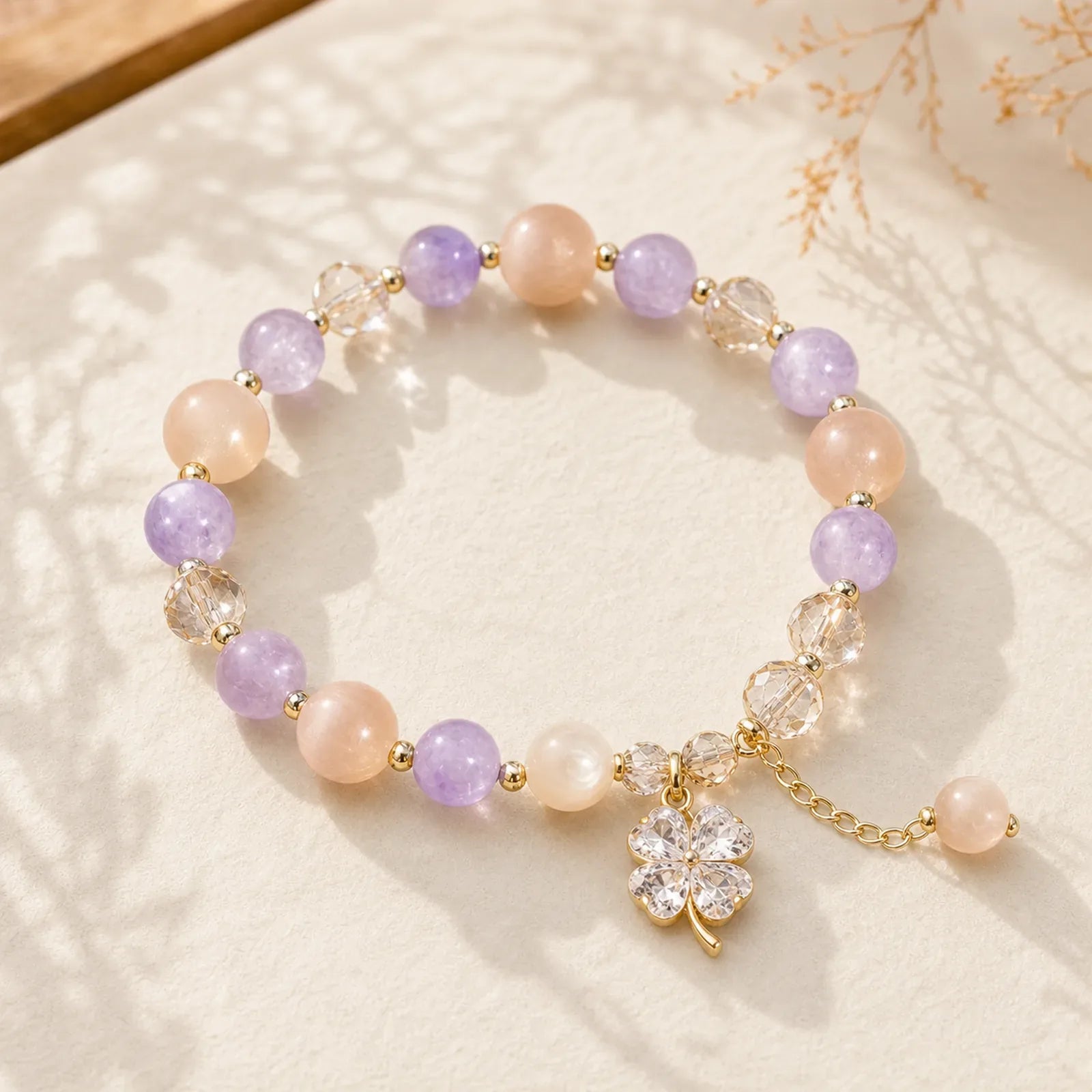 Four Leaf Clover Amethyst Citrine Green Strawberry Quartz Rutilated Quartz Balance Bracelet featuring Amethyst, Citrine, Green Strawberry Quartz