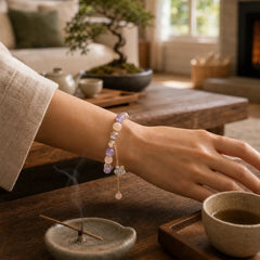 Four Leaf Clover Amethyst Citrine Green Strawberry Quartz Rutilated Quartz Balance Bracelet featuring Amethyst, Citrine, Green Strawberry Quartz